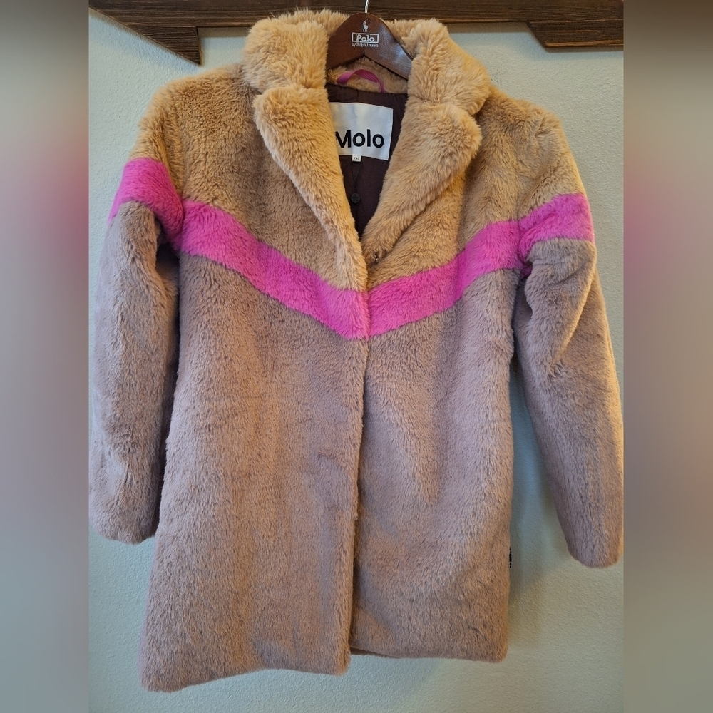 NWOT Molo Haili Faux Fur Coat Chevron Block Deer Colorblock Snap Girls 10
